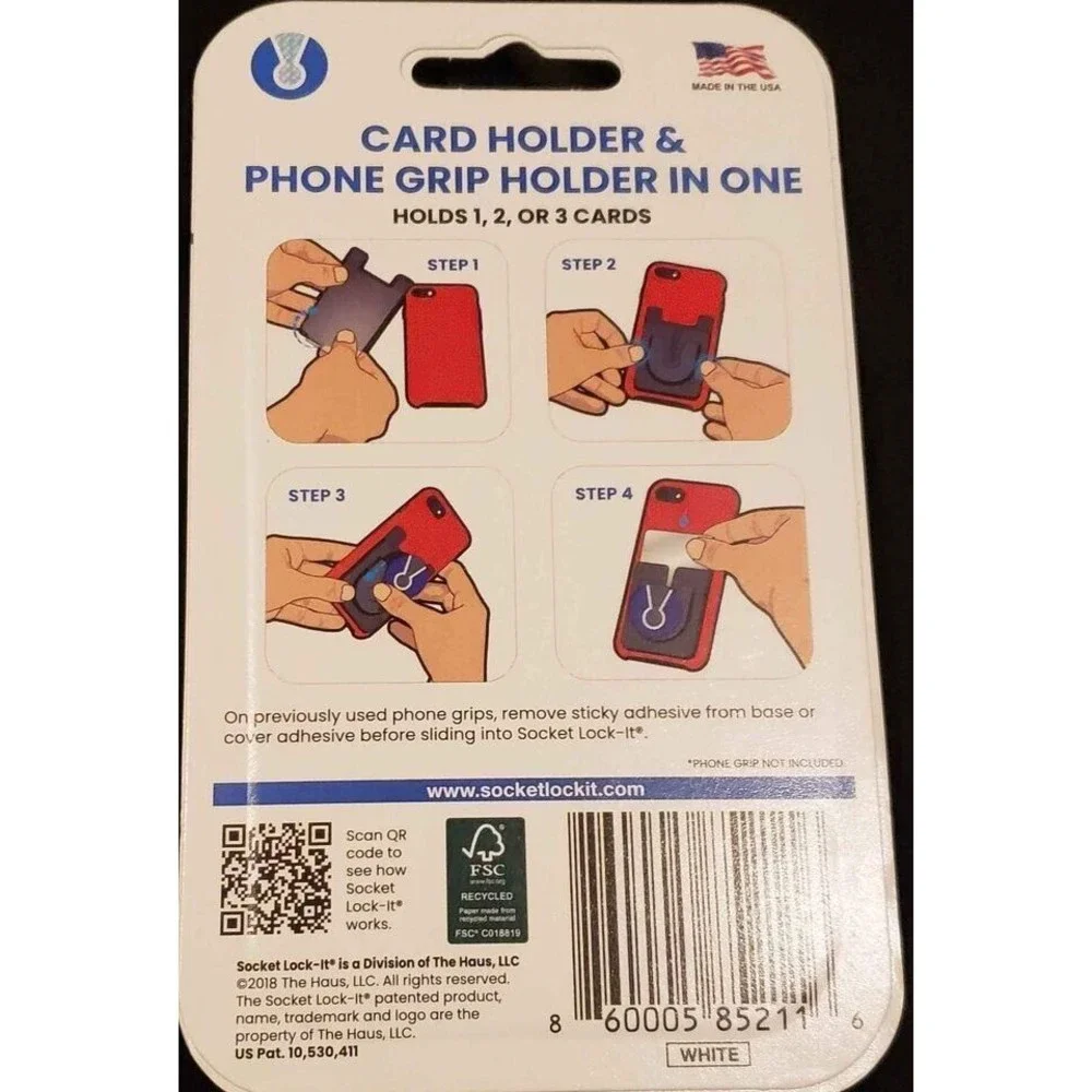 NEW Socket Lock-It Adhesive Card Holder & Phone Grip Holder All in One / WHITE